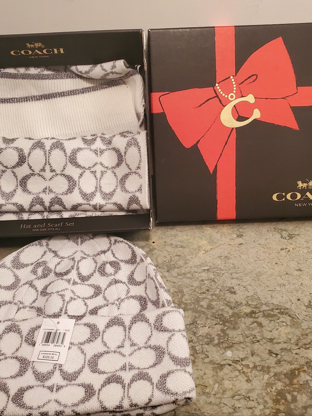 Coach Metallic Silver-Accent Monogram Hat & Scarf Set